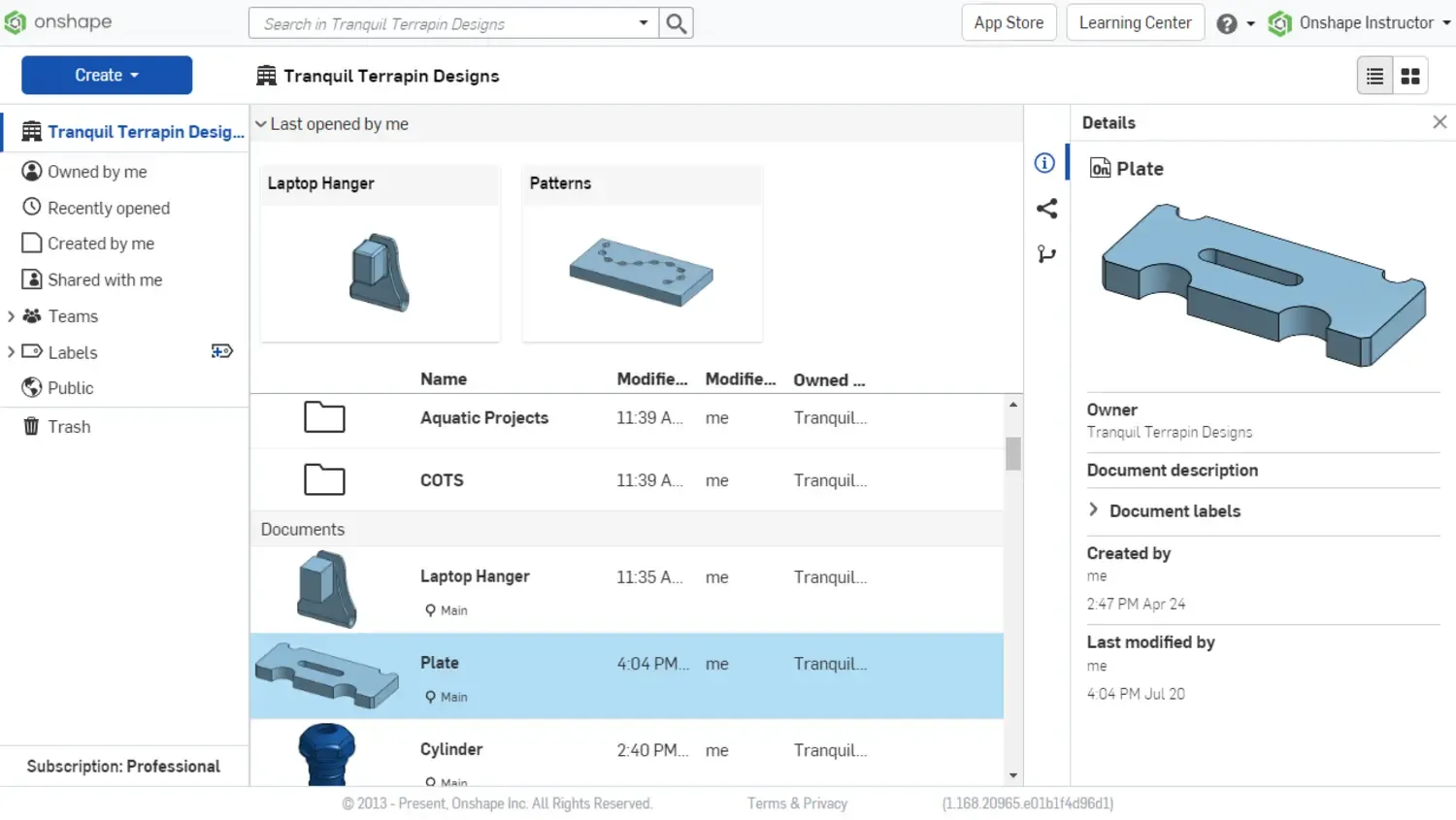 Onshape documents page